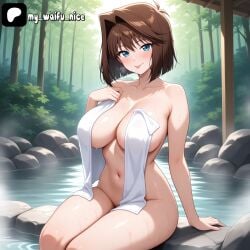 ai_generated brown_hair large_breasts naked_towel onsen tea_gardner towel yu-gi-oh!