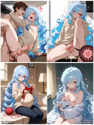 ai_generated anal_creampie anal_from_behind anal_penetration blue_hair breastfeeding carrying_baby cumshot curly_hair ejaculation_while_penetrated femboy flaccid_penis flat_chest freckles_on_face impregnation legs_up magosilencioso moaning original_character otoko_no_ko pregnant pregnant_belly pregnant_male puffy_nipples sissy sperm_dominating_ovum standing_on_one_leg standing_sex trap very_long_hair
