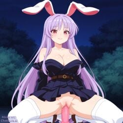 1girls ai_generated bare_shoulders belt blunt_bangs breasts bush cleavage collarbone detached_sleeves dildo dildo_riding dress female full_body huge_dildo imminent_penetration lipstick long_sleeves looking_at_viewer makeup medium_breasts night no_panties off-shoulder_dress outdoors pleated_dress pussy reisen reisen_udongein_inaba sex_toy shoes smile solo spread_legs strapless strapless_dress thighhighs touhou touhou_project