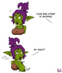 big_breasts bra_strap_is_showing_(meme) earrings goblin goblin_female green_skin hatnshades meme oc one_breast_out one_breast_out_of_clothes one_breast_visible purple_hair self_upload wardrobe_malfunction yellow_eyes
