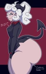 1girls arrow_(symbol) ass_focus big_ass big_horns black_skirt bottomwear breasts bubble_ass bubble_butt dat_ass demon demon_girl demon_horns demon_tail english english_text evil_container eyewear fat_ass female female_only glasses hair helltaker horns huge_ass justmizuno large_ass massive_ass meme meme_reference office_clothing office_lady pandemonica_(helltaker) pencil_skirt ponytail red_eyes side_view sideboob skirt small_breasts solo solo_female tail text thick_thighs thighs tied_hair topwear white_hair