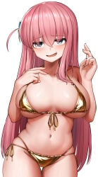1girl absurdres bikini blue_eyes blush bocchi_the_rock! breasts commentary_request curvy front-tie_bikini_top front-tie_top gold_bikini gotou_hitori highres large_breasts long_hair navel pink_hair simple_background solo stomach swimsuit white_background