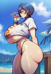 1girls ai_generated beach belle_(zenless_zone_zero) big_breasts blue_hair blurry breasts choker elpidaelpis fellatio_gesture highleg_panties huge_breasts looking_at_viewer navel shiny shiny_skin short_hair skindentation solo swimsuit tagme thick_thighs thighs tongue underboob zenless_zone_zero