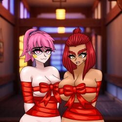 2girls borgsket brunette confused confusion ninjago ninjago:_dragons_rising pink_eyes pink_hair red_hair sora_(ninjago) tied_arms tied_hair tied_hands wyldfyre_(ninjago) yellow_eyes