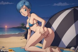 1girls ai_generated anus artist_name ass ass_grab barefoot beach beach_towel bikini bikini_top_only blue_bikini blue_eyes blue_hair bottomless breasts bulma bulma_(dragon_ball) covered_nipples dragon_ball dragon_ball_super dragon_ball_z female_human grabbing_own_ass hi_res looking_at_viewer looking_back medium_breasts nipple_slip nipples ocean outdoors palm_tree patreon_logo presenting pussy rule34lab shell short_hair sky smile solo spread_ass swimsuit towel tree umbrella uncensored