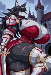 ai_generated armor civitai cleavage corset female furry huge_butt huge_thighs hyper_breasts knight scars sword wolf wolf_girl