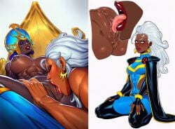 2girls african_female african_mythology ai_generated cunnilingus dark-skinned_female dark_skin female female/female female_only licking licking_pussy marvel marvel_comics oral smite storm_(x-men) throne vagina white_hair yemoja_(smite) yoruba_mythology yuri