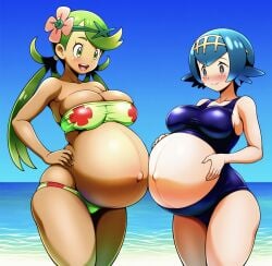 2girls 2pregnancy aged_up ai_generated blue_eyes blue_hair green_hair green_hair_female lana_(pokemon) lazybonesai mallow_(pokemon) pokemon pokemon_sm pregnant pregnant_belly pregnant_female solo solo_female solo_focus trial_captain trial_captain_lana trial_captain_mallow
