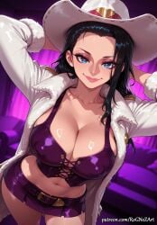1girl 2026 ai_generated anime arms_behind_head arms_up belt black_hair blue_eyes boobs breasts cleavage closed_mouth coat collarbone covered_nipples cowboy_hat cowboy_shot crop_top crossover eye_contact female female_focus fur_trim hat heart heart-shaped_pupils highres huge_breasts large_breasts leaning_forward lips long_hair long_sleeves looking_at_viewer microskirt midriff miniskirt navel neutral_expression nico_robin nsfw one_piece open_clothes patreon patreon_username purple_skirt rognezart shiny shiny_skin skirt smile smiling solo stomach symbol-shaped_pupils very_long_hair