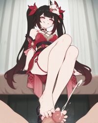ai_generated brown_hair cum cumshot foot_fetish footjob honkai:_star_rail honkai_(series) sparkle_(honkai:_star_rail) twintails
