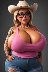 3d 3d_animation ai_generated animated big_breasts blonde_hair chubby cowboy_hat curvaceous curvy curvy_figure giant_breasts glasses huge_breasts jeans large_breasts orc original_character overweight pearl_necklace tagme tank_top tattoo tattooed_arm tattoos video voluptuous