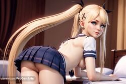 1girls ai_generated ass bed bent_over black_ribbon blonde_hair blue_eyes blue_skirt blush breasts curtains dead_or_alive dead_or_alive_5 dead_or_alive_5_last_round dead_or_alive_6 earrings female_human from_behind hair_ornament hair_ribbon hi_res indoors jewelry leaning_forward lips long_hair looking_at_viewer looking_back marie_rose medium_breasts nipples no_panties nose piercing pillow plaid pleated_skirt progenarts pussy ribbon short_sleeves skirt smile solo twintails uncensored x_hair_ornament