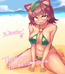 animal_ears barefoot beach bikini blush breasts brown_hair cameltoe cleavage enter_(artist) green_bikini looking_at_viewer navel original outside pince-nez short_hair sweat tagme wariza yellow_eyes