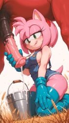 absurd_res ai_generated amy_rose animal_genitalia animal_penis anthro big_penis blue_clothing blue_gloves blue_handwear blue_overalls bodily_fluids breast_milking breasts bucket clothed clothing container cum cum_bucket cum_drip denim dripping duo ejaculation equid equine equine_penis erection eulipotyphlan female fur genital_fluids genitals gloves green_eyes hair handjob handwear hedgehog hi_res horse huge_penis lactating large_breasts latex_gloves looking_at_viewer male male/female mammal nipples overalls penile penis penis_milking pink_body pink_fur pink_hair saliva seductive sega sex short_hair smile sonic_(series) sweat thick_thighs topless vein veiny_penis