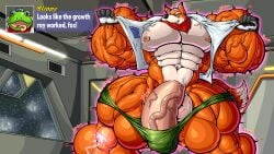 balls bodybuilder fox_mccloud furry hyper hyper_balls hyper_cock hyper_genitalia hyper_penis hyper_testicles joshthetiger male male_only muscles muscular muscular_arms muscular_male muscular_thighs nintendo penis shirt_open slippy_toad star_fox testicles text zerozero