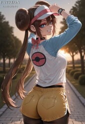 1girl ai_generated arms_up artist_name ass black_choker black_pantyhose blue_eyes blurry_background bow breasts bright_pupils brown_hair brown_pantyhose choker clothing cowboy_shot depth_of_field double_bun doughnut_hair_bun female from_behind grin hair_between_eyes hair_bun large_breasts long_hair long_sleeves looking_at_viewer looking_back medium_breasts midriff_peek outdoors pantyhose pantyhose_under_shorts pantylines patreon_username pink_bow pocket poke_ball_print pokemon raglan_sleeves rosa_(pokemon) see-through see-through_silhouette shirt short_shorts shorts smile solo sunrise sunset teeth thighband_pantyhose tree twintails vantawaifu very_long_hair visor_cap watch white_shirt wristwatch yellow_shorts