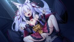 1boy 1girl aged_down animal_ear_fluff animal_ears bare_shoulders black_sleeves blush breasts censored cleavage closed_eyes corruption cowgirl_position cum cum_in_pussy cum_overflow dark_persona detached_sleeves double_fox_shadow_puppet dutch_angle fangs fox_ears fox_girl fox_shadow_puppet fox_tail game_asset girl_on_top hair_between_eyes hair_intakes hair_ribbon hetero indoors inoino japanese_clothes katsuragi_marina katsuragi_marina_(exs-tia_p) kouyoku_senki_exs-tia long_hair long_sleeves miniskirt mosaic_censoring non-web_source official_art open_mouth outdoors penis pov pussy red_ribbon red_skirt ribbon self-datamine sex skirt small_breasts smile solo_focus spread_legs squatting_cowgirl_position straddling tail tattoo thigh_strap tongue tongue_out twintails vaginal variant_set very_long_hair visual_novel_cg white_hair wide_sleeves youko_marina