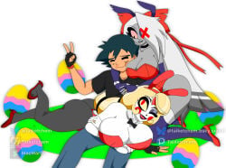 2girls 2girls1boy ash_ketchum busty busty_female charlie_morningstar_(hazbin_hotel) demon demon_girl demoness easter fallen_angel game_freak hazbin_hotel hellaverse nosebleed playboy playboy_bunny playboy_bunny_leotard pokemon pokemon_(anime) princess vaggie_(hazbin_hotel) vivienne_medrano vivziepop