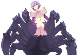 anus arachne arachnid arthropod_girl bangs breasts commentary completely_nude english_commentary extra_ears female from_below hair_between_eyes large_breasts light_purple_hair looking_at_viewer looking_down monster_girl monster_musume_no_iru_nichijou navel nipples no_pupils nude pussy rachnera_arachnera red_eyes rtil short_hair simple_background smile solo spider_girl sехual taur uncensored white_background