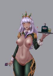 :d absurdres alcohol bangs bottle breasts celdalin condom cowboy_shot dark-skinned_female dark_skin eyebrows_visible_through_hair female glass green_legwear grey_background hair_ornament hand_up highres holding holding_condom holding_tray large_breasts league_of_legends lips long_hair long_sleeves looking_at_viewer meme_attire navel necktie nipples purple_necktie pussy pussy_juice qiyana_yunalai reverse_bunnysuit reverse_outfit shiny shiny_hair shiny_skin short_necktie simple_background smile solo teeth tray