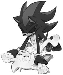 1boy 1girls areolae black_fur blush chest_tuft dripping_cum eyes_closed holding_wrists monochrome oerba_yun_fang pinklilim rabbit_ears shadow_the_hedgehog sonic_(series) sonic_oc sonic_the_hedgehog_(series) sweatdrop vaginal_penetration wrist_grab