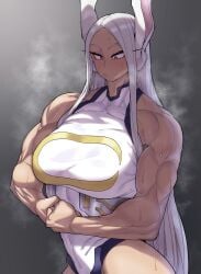 1girls animal_ears bare_shoulders breasts bunny_ears busty dark-skinned_female dark_skin female female_only fully_clothed kugara4423 large_breasts leotard long_hair miruko muscles muscular muscular_female my_hero_academia pose red_eyes rumi_usagiyama solo sweat white_hair