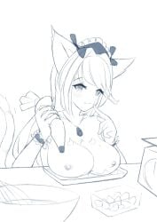 baking bbatom10701 big_breasts blush breast_press breast_rest cat_ears cat_girl cat_tail icing maid monochrome presenting presenting_breasts smile topless