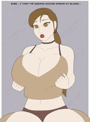 1girls athorment athorment_oc big_breasts brown_eyes brown_hair caption cleavage female female_only female_pov gabriela_(athorment) huge_breasts lipstick looking_at_mirror looking_at_viewer ponytail pov pov_eye_contact solo solo_focus tagme text