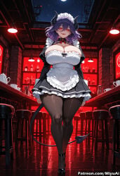 1girl ai_assisted ai_generated apron artist_name black_legwear blush breasts cleavage clock curvaceous curvy curvy_female curvy_figure demon_girl demon_tail dress female frills full_moon gloves horns huge_breasts juliet_sleeves kinsou_no_vermeil looking_at_viewer maid maid_apron maid_headdress miyuai moon night pantyhose puffy_sleeves purple_hair red_eyes smile solo standing tail thick thick_ass thick_butt thick_hips thick_legs thick_thighs vermeil_(kinsou_no_vermeil) voluptuous voluptuous_female waist_apron wide_hips wide_thighs wings