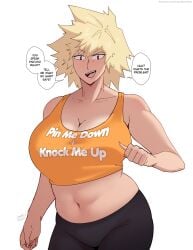 1girls big_breasts black_pants blonde_hair bottomwear breasts brown_eyes cleavage clothing english english_text female female_only hair knock_me_up_shirt laundrymom mature mature_female mature_woman milf mitsuki_bakugou mother my_hero_academia orange_shirt pants pointing_at_self shirt smile solo solo_female speech_bubble text text_on_clothing topwear white_background