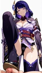 ai_generated dominant_female elkazama_yumi femdom foot_fetish footjob footwear penis raiden_shogun shoejob