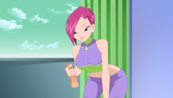 1girls clothed eyes_half_open faceless_male hand_on_thigh handjob holding_penis juiceshooters masturbating penis pink_hair short_hair tecna tecna_(winx_club) winx_club