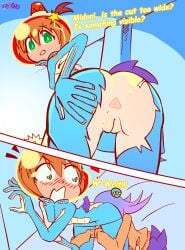 2_panel_comic 2girls action_lines anus ass ass_focus blue_background blue_bodysuit blush blush_lines blushing bodysuit brown_hair clothed clothing comic cunnilingus dark_star_odyssey dialogue english english_dialogue english_text female female/female female_only from_above from_behind genitals glass_helmet green_eyes hair_ornament half-alien half-human headgear helmet human indoors inside lavender_hair light-skinned_female light_skin long_hair looking_back luluco midori_(space_patrol_luluco) no_panties open_mouth oral panties purple_highlights pussy questionable_consent ripped_bodysuit ripped_clothes ripped_clothing ripped_panties ripped_skirt school_uniform short_hair skirt small_breasts space_patrol_luluco spread_ass spreading_ass surprised surprised_expression text watermark worried young yuri
