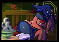alvh_omega anthro aureola black_body black_eyes clothed color dress female_only forehead_jewel furry_female gem goumang_(nine_sols) halo hi_res jewelry long_ears looking_at_viewer lying_down necklace nine_sols red_candle_games seductive_look slender_body solo_female thick_thighs