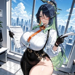 1girl ai_assisted ai_generated bangs black_gloves black_hair blue_eyes breasts clipboard covered_navel curvaceous curvy curvy_female curvy_figure dress_shirt female genshin_impact glasses gloves hair_ornament holding_pen id_card long_hair looking_at_viewer miyuai paper pen pencil_skirt shirt skirt smile solo thick thick_ass thick_butt thick_hips thick_legs thick_thighs thighs voluptuous voluptuous_female white_shirt wide_hips wide_thighs xianyun_(genshin_impact)