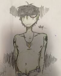 angst anxious belly_bulge big_belly black_hair body_hair broken_nose cross gorillaz green_skin looking_at_belly male male_only male_solo murdoc_niccals navel nipples no_sex panicked_look partially_clothed pregnant pregnant_belly pregnant_male red_sclera satanic sharp_tooth shirtless simple_background solo solo_male standing sweatdrops tattoos terrified text traditional_art unbuttoned_jeans unbuttoned_pants unwanted_pregnancy