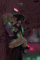 1boy 1boy1girl 1girls against_wall alley alternate_costume black_hair blonde_hair canon_couple clothed_sex couple high_heels implied_penetration implied_sex kissing leg_lock loknnica male/female nara_shikamaru naruto naruto:_the_last naruto_(series) naruto_shippuden outdoors ponytail raining sex_under_skirt skirt stand_and_carry_position standing_sex temari tied_hair twintails