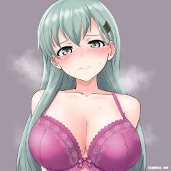 blush bra breasts cleavage closed_mouth collarbone cypress female green_eyes green_hair grey_background hair_between_eyes hair_ornament hairclip kantai_collection large_breasts long_hair purple_bra simple_background solo suzuya_(kantai_collection) twitter_username underwear underwear_only upper_body