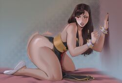 1girl against_wall ai_generated alternate_hairstyle ass black_dress black_hair black_nails bracelet braid breasts brown_eyes brown_hair china_dress chinese_clothes chun-li chun-li_(battle_ouffit_sfv) cleavage clothing dress earrings eyeshadow female flats full_body hair_down huge_ass jewelry kneeling large_breasts lips lipstick long_hair looking_to_the_side makeup nail_polish no_panties official_alternate_costume pelvic_curtain phophopho sash smile solo spiked_bracelet spikes street_fighter tagme thick_thighs thighs white_footwear