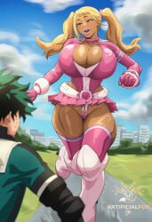 1boy 1girl ai_generated artificialfox belt bimbo bimbofication blonde_hair boots breasts cleavage curvy dark_skin gloves huge_breasts izuku_midoriya long_hair my_hero_academia pink_gloves thighhighs thighs twintails uraraka_ochako