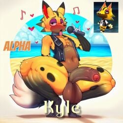 ai_generated animal_crossing anthro badendbat_(artist) balls beach blush brown_genitals canid canine canis clothed clothing crouching electronics erection femboy foreskin fur genitals heart_symbol humanoid_genitalia humanoid_penis kyle_(animal_crossing) male mammal microphone nintendo partially_retracted_foreskin penis red_eyes seaside solo thick_thighs tongue tongue_out topwear wolf yellow_body yellow_fur
