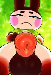 ai_generated animal_crossing anthro balls blue_eyes bottomless brown_genitals clothed clothing erection genital_focus genitals genji_(animal_crossing) glans green_clothing hi_res humanoid_genitalia humanoid_penis lagomorph leporid looking_at_viewer low-angle_view male mammal nintendo penis penis_towards_viewer rabbit red_genitals shirt siren_the_scream_tail solo topwear white_body