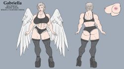 abs alexcherubic angel angel_wings blonde_hair breasts character_sheet female female_only gabriella_(alexcherubic) green_eyes heels muscle muscles muscular muscular_female original pierced_nipples piercing short_hair shorts wings