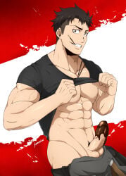 2boys abs akitaru_oubi blush breasts en'en_no_shouboutai enen_no_shouboutai erect_penis erection_under_clothes eye_contact fire_force gay hairy_chest hand_on_breast male male/male male_only muscular muscular_male one_eye_closed orange_thong penis reaching_back shinra_kusakabe smile spicykiki sweat thong yaoi