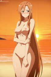 1girl ai_generated beach blush breasts brown_eyes brown_hair collarbone completely_nude digitalwaifugallery hi_res high_quality high_resolution large_breasts long_hair medium_breasts navel nipples no_pussy nude ocean outdoors patreon seductive sexy solo standing sun sunset uncensored very_long_hair water watermark yuuki_asuna