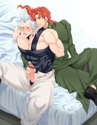 2boys arms_behind_back bar_censor bed biceps blush censored earrings flattop gakuran grey_hair handjob hotaru_(ss801) jean_pierre_polnareff jewelry jojo's_bizarre_adventure male male_focus manly multiple_boys muscular muscular_male noriaki_kakyoin on_bed open_fly pectoral_cleavage pectorals red_eyes red_hair red_hair_male school_uniform shirt sitting stardust_crusaders tears tight tight_shirt white_hair white_hair_male wince yaoi