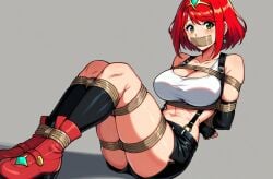 1girls ai_generated arms_tied_behind_back blush bondage bound_ankles bound_legs brown_eyes final_fantasy_vii gag gagged looking_at_viewer pyra_(xenoblade) red_hair rope_bondage simple_background tape_gag tifa_lockhart_(cosplay) xenoblade_chronicles_2