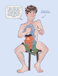 1boy asking_for_help autistic autistic_male bradley_(mr_shrink) brown_hair bulge crush cute cute_male dialogue digital_drawing_(artwork) digital_media_(artwork) directional_arrow dripping_wet dumb dumb_male english_dialogue english_text excited facial_hair green_eyes happy intellectual_disability male male_only male_pov mental_disability mentally_challenged mentally_deficient mr_shrink needing_help needy needy_top nerd offscreen_character original original_character original_characters penis_under_towel retarded romantic romantic_gazing scruffy smile_at_viewer smiling smiling_at_viewer stool stupid stupid_looking towel towel_covering_crotch towel_only weeb wet wet_body wet_hair