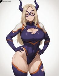 1girl 1girls ai_generated blonde_hair bodysuit boku_no_hero_academia breasts closed_mouth hands_on_own_hips hi_res high_quality high_resolution highres horns large_breasts light long_hair looking_at_viewer mask mount_lady my_hero_academia nose opal_nemy patreon_logo patreon_url patreon_username plain_background red_eyes self_upload shadow shiny shiny_clothes shiny_hair shiny_skin simple_background solo standing thick_thighs thighhighs thighs torn_bodysuit torn_clothes torn_thighhighs watermark white_background
