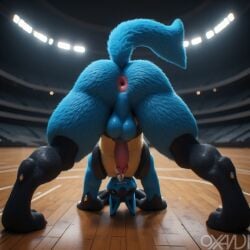 ai_generated anthro anus balls between_legs big_butt furry legs lucario male oxandi paws penis pokemon pokemon_(species) stadium tail wink